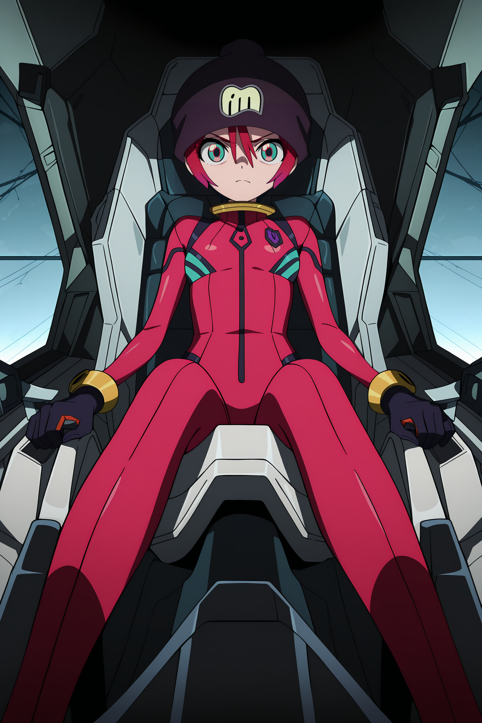 volumetric lighting, official style, amazing quality, ultra detailed, highres, detailed background, anime screenshot, anime screencap, anime coloring, masterpiece, detailed face,1girl  <lora:Amate_Yuzuriha__:1>Amate_Yuzuriha, solo, bodysuit, sitting, helmet, cockpit, gloves, hat, short hair, red hair, looking at viewer, pink hair, bodysuit, pilot suit,