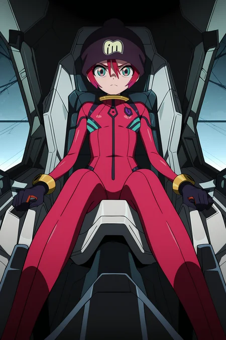 volumetric lighting, official style, amazing quality, ultra detailed, highres, detailed background, anime screenshot, anime screencap, anime coloring, masterpiece, detailed face,1girl <lora:Amate_Yuzuriha__:1>Amate_Yuzuriha, solo, bodysuit, sitting, helmet, cockpit, gloves, hat, short hair, red hair, looking at viewer, pink hair, bodysuit, pilot suit,