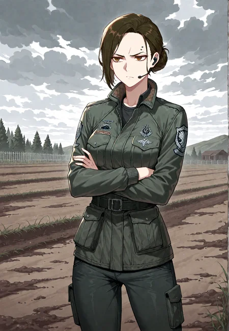 masterpiece,best quality, 1girl,PGravesH1,short hair,brown hair,single hair bun,jacket,pants,earpiece,standing,crossed arms,cowboy shot,outdoors,muddy field,fence,scowling, <lora:PGravesIllustrious:0.8>,facing viewer,front shot,cloudy