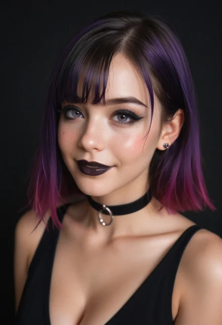 score_9, score_8_up, score_7_up, (realistic:1.4), (thin neck), small boobs, cleavage, thin black choker, (young:1.5),
1girl, dark purple wig, genz_haircut, (bangs:1.1), side view, (detailed face and eyes:1.2), white background, perfect cute face, blushing, (((horrorcore))), ((goth makeup)), piercings, dappled light, sexy cleavage, (pornstar), turning to look at viewer, vibrant colours, smiling wide, round face, (((small sagging boobs))), ((glowing, streaks)), circles, evening, black background, dark eyeliner, thick thighs, (black lipstick),