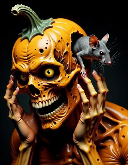 Close-up portrait of a pumpkin head man, (melted, dripping:1.8) orange skin, (pumpkin skin:1.2),
(a mouse pops out of a hole in his head) (this man is going crazy, it's madness:1.2)
dripping, (detailed eyes, tears:1.3) (fusion between body, hands and pumpkin  made out of drippingcheese)
(he grabs his head with both despairing hands:1.4) bald skull, pumpkin stem, (tilted head:1.4) detailed PBR texture
(dynamic pose, dynamic angle:1.6) (side view:1.1) Masterpiece 64k profesionnal photography cinematic composition
(melted body, dripping skin:1.5)
<lora:aidmaDarkFantasy:0.4> aidmaDarkfantasy
<lora:dark-comic:0.4>
<lora:flux-drippingcheesestyle:0.4> made out of drippingcheese
<lora:Eerie_Ghoulish_Style_:0.4> glowingâââ