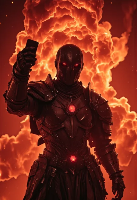 battleproof hkstyle templar knightess in flamboyant but worn sci-fi armor, black hole creation, controlled, Selfie infront of Desaster, fictional application, toxic magic swirling, noxious cloud of deep DARK red and omnious sickly orange, exuding a haze, corrupt the air, smoke of dangerous-looking liquids form and burst, acid scent, lethal nature, Holding Smartphone