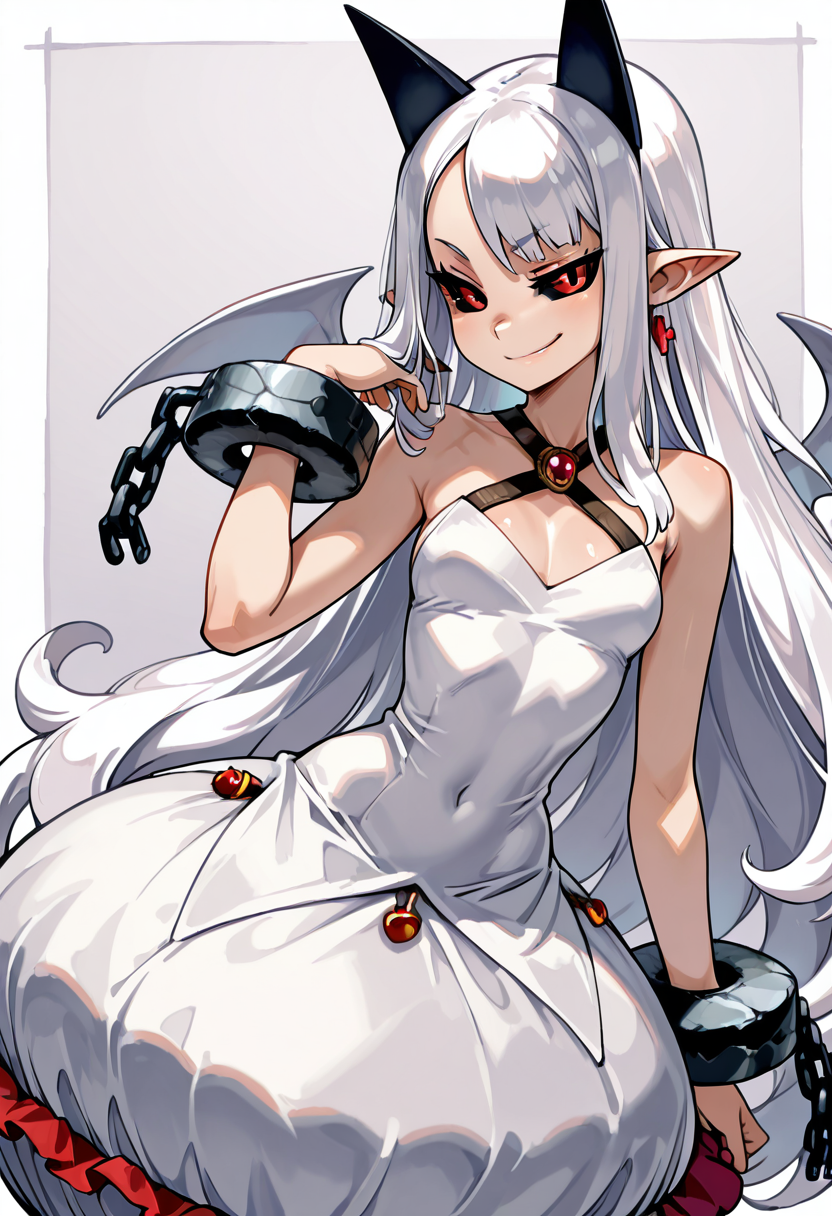 masterpiece, best quality, solo, curvy, beautiful eyes,  narrow waist, shiny skin,zzPram, 1girl, solo, long white hair, horns, pointy ears, red eyes, black sclera,,, jewelry, dress, bubble skirt, earrings, chain, bat wings, albino, shackles, criss-cross halter, ,<lora:PramPhantomKingdom_IXL_v1:1.0>, over the shoulder, cowboy shot, smirk, looking back,  looking at viewer,