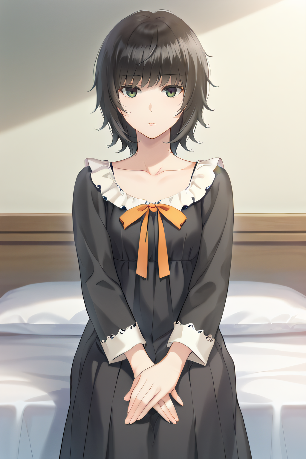 score_9, score_8_up, score_7_up, source_anime, rating_safe, intricate details, anime screencap, official style, 1girl, solo, <lora:Yaegaki_Erika:1>, erika, black hair, dark eyes, medium hair, collarbone, black dress, frilled collar, long sleeves, orange ribbon, hands on lap, sitting on bed, looking at viewer, expressionless, indoor, cowboy shot