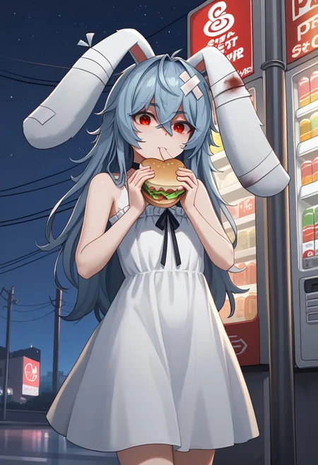 1girl, solo, Parasi, red eyes, messy hair, blue hair, long hair, animal ears, rabbit ears, hair between eyes, bangs, blood, sidelocks, bandages, black choker, white dress, black ribbon, sundress, city, street, vending machine, lamppost, utility pole, power lines, night sky, eating, sandwich, holding food, close-up