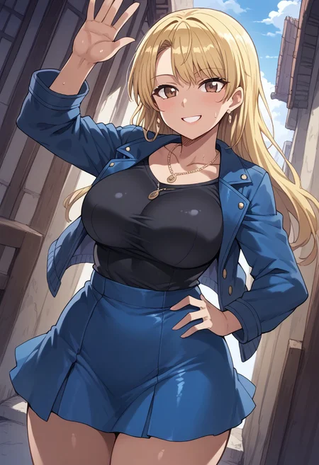 score_9, score_8_up, score_7_up, source_anime,mogudan,1girl,alone,smile,shiny_clothes,shiny_skin,five fingers,1 girl, toka, single, long hair, large breasts, blonde hair, brown eyes, collarbone,looking at vietwer,hands on hips,angle down,shirt, long sleeves, jewelry, standing, collarbone, jacket, :de, sweat, open clothes, short skirt, miniskirt, necklace, open jacket, sketch, black shirt, blue short skirt, waving,