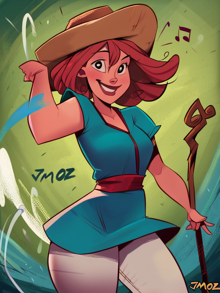 score_9, score_8_up, score_7_up, cute girl, musical note, tunic, magical staff, red hair, big hat, epic pose, light smile, bright pupils, particles around, splash art, pants, looking at viewer, cowboy shot, dynamic pose, smile, cute, wide shot, solo, dutch angle, detailed background,
<lora:JMoxComix_style:1> JmoxComic, cartoon