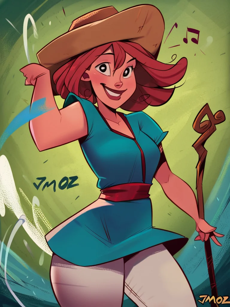 score_9, score_8_up, score_7_up, cute girl, musical note, tunic, magical staff, red hair, big hat, epic pose, light smile, bright pupils, particles around, splash art, pants, looking at viewer, cowboy shot, dynamic pose, smile, cute, wide shot, solo, dutch angle, detailed background,
<lora:JMoxComix_style:1> JmoxComic, cartoon