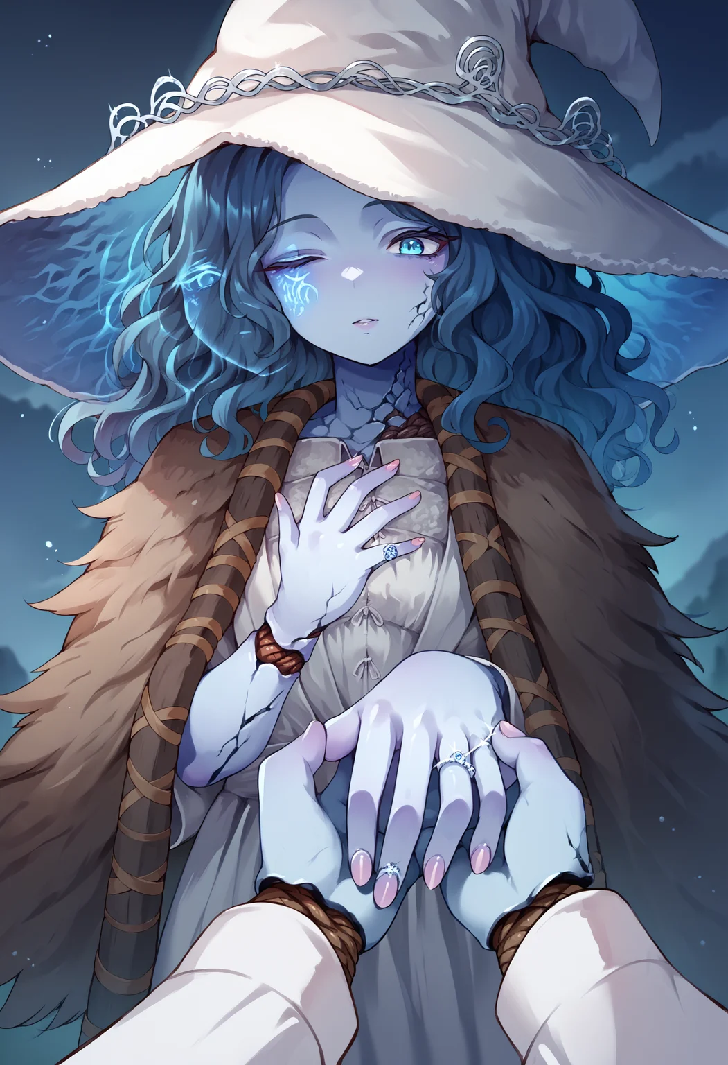 score_9, score_8_up, score_7_up, source_anime, 1girl, IncrsProp, wedding ring, <lora:Proposal_XLPD:1>, pov, <lora:Ranni_XLPD_CAME:1> IncrsXLRanni, wavy hair, cracked skin, blue skin, colored skin, extra arms, extra faces, doll joints, white dress, witch hat, brown cloak
