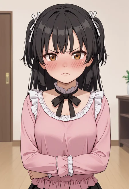 ((masterpiece,best quality,ultra detailed,highres,HD,4k:1.2)),
1 cute girl,solo,girl focus,solo focus,face focus,
fuyuko mayuzumi, black hair,brown eyes,long hair, ((two side up)), black bow, black bowtie, black ribbon, bow, bowtie, frilled shirt, frills, jirai kei, long sleeves, neck ribbon, (pink shirt), ribbon, indoors, ((Fold your arms, cross your arms in front of your chest,)), blush,frown,Sulky, glaring,