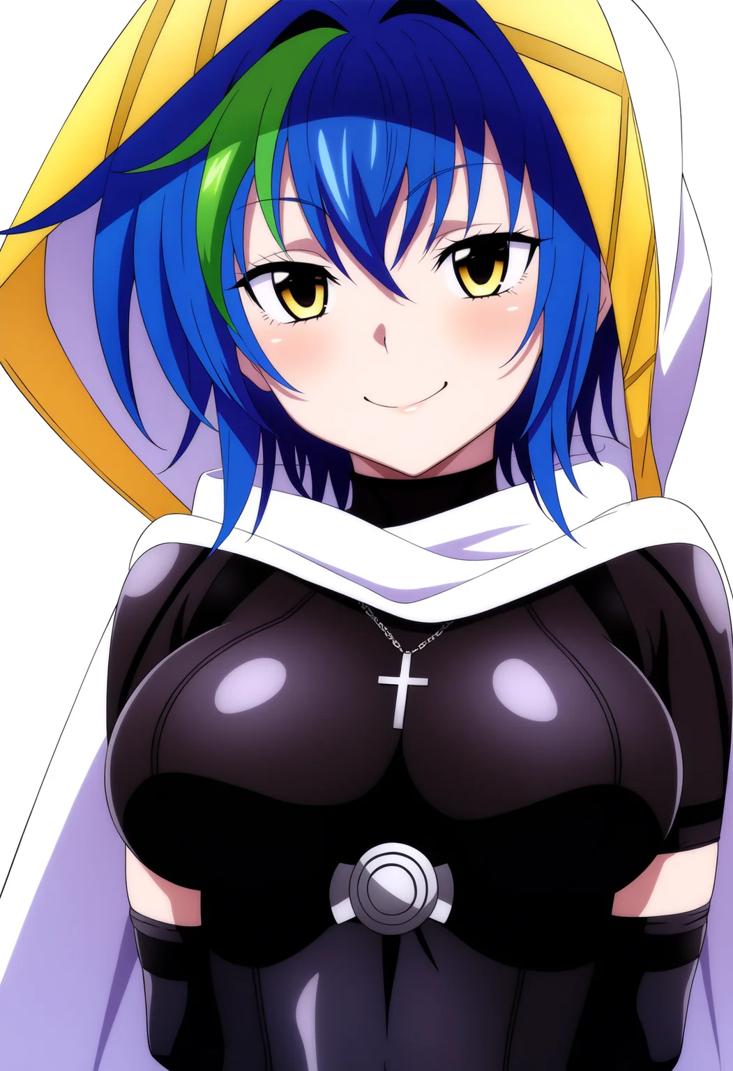 best quality, amazing quality, very aesthetic, absurdres,
1girl, xenovia, blue hair, streaked hair, hair between eyes, short hair, yellow eyes,
black leotard, skin tight short sleeves, cross necklace, fingerless elbow gloves,
white cape, hood, hood up,
upper body, arms behind back,
smile, looking at viewer, solo, (simple background, white background:1.3), <lora:XenoviaNoobXL_byKonan:1>