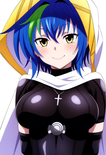 best quality, amazing quality, very aesthetic, absurdres,
1girl, xenovia, blue hair, streaked hair, hair between eyes, short hair, yellow eyes,
black leotard, skin tight short sleeves, cross necklace, fingerless elbow gloves,
white cape, hood, hood up,
upper body, arms behind back,
smile, looking at viewer, solo, (simple background, white background:1.3), <lora:XenoviaNoobXL_byKonan:1>