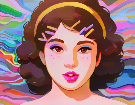 by carl newman, 1girl, curly-hair, brown-hair, brown-eyes, pink-lips, freckles, parted-lips, yellow-hairband, multiple-hairpins, makeup, straight-on, abstract, psychedelic, close-up, traditional-media, masterpiece, best quality, newest, absurdres, highres