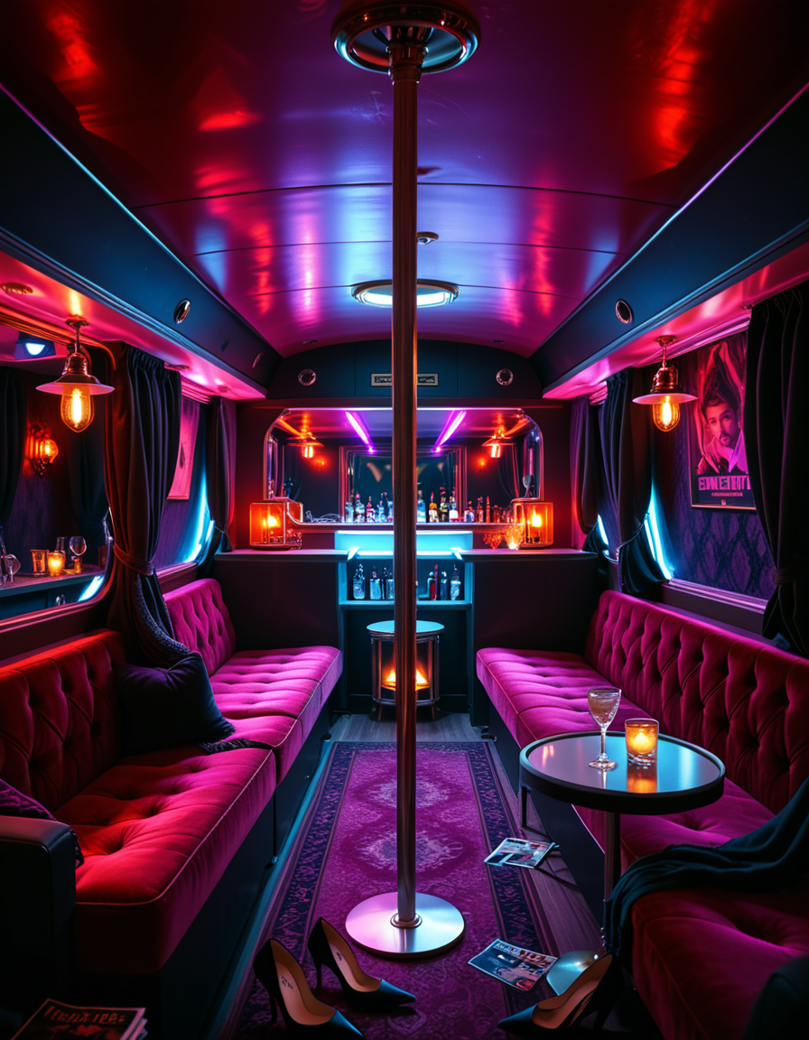 The interior of an old RV transformed into a mysterious, shady lounge with a moody and dimly lit atmosphere. The space is filled with deep red and purple lighting, creating a sultry neon glow. In the center stands a chrome pole mounted to the ceiling and floor, surrounded by plush velvet seats and low tables with half-empty glasses and flickering candles. The walls are lined with heavy curtains and faded wallpaper, giving a vintage and secretive vibe. A small bar area in the back holds various bottles and glasses, with a mirror backsplash reflecting the dim lights. The floor is covered in worn carpets and scattered with high heels, scarves, and old magazines. Subtle details hint at an underground lifestyle, without showing anything explicit. The overall ambiance is smoky, intimate, and cinematic. Highly detailed, noir-inspired, low-key lighting, retro-modern fusion style.
<lora:SDXLFaeTastic2400:0.4> <lora:extremely_detailed:0.4> extremely detailed<lora:4dult_rv:1>,4dult rv, Masterpiece,best quality,hi res,8k,hi res,8k,award winning,(sharp focus, intricate, highly detailed),