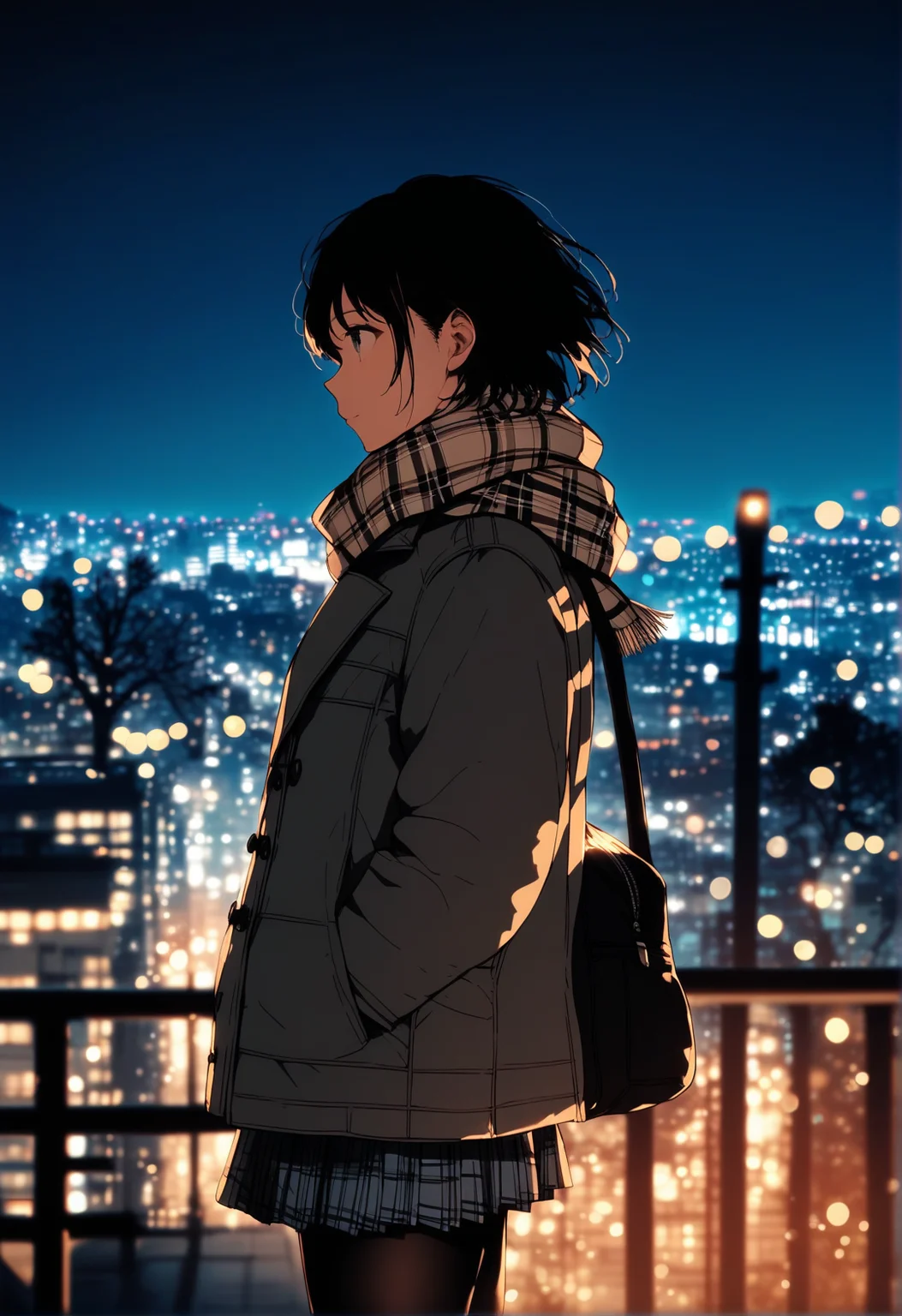 score_9, score_8_up, score_7_up, score_6_up, source_anime, <lora:BLE 0.1v:1>, 
BLE, 1girl, solo, short hair, skirt, black hair, long sleeves, standing, pantyhose, outdoors, pleated skirt, sky, signature, bag, blurry, scarf, from side, coat, black pantyhose, tree, plaid, profile, night, depth of field, plaid skirt, building, night sky, scenery, city, hands in pockets, railing, cityscape, power lines, bokeh, plaid scarf, city lights