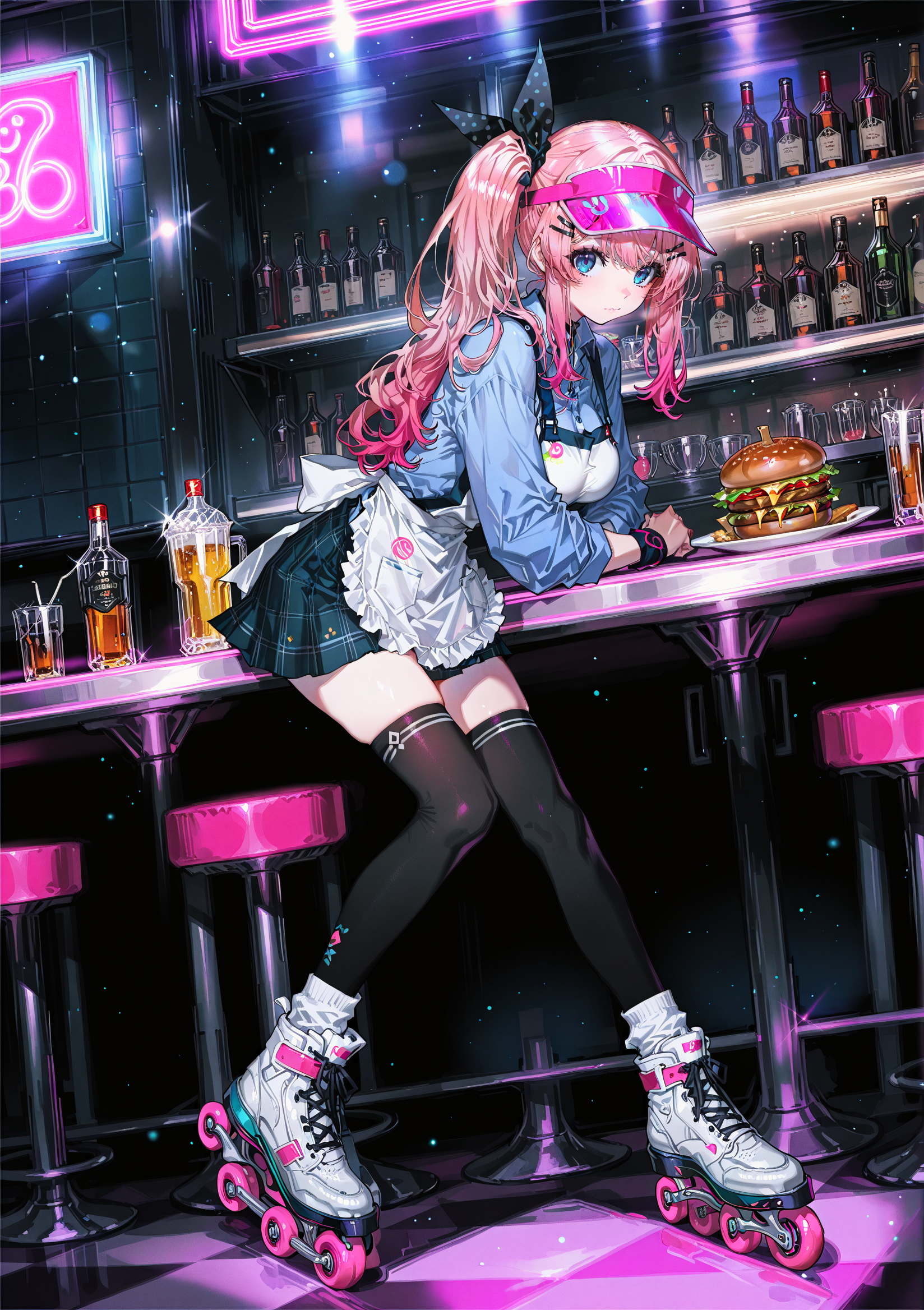 zPDXL3 Real score_9, score_8_up, score_7_up, score_6_up source_anime, highly detailed, sharp, intricate details, rating_safe rating_sensitive, rating_explicit, masterpiece, best quality, good quality, bright eyes light particles lens flare amazing quality, very aesthetic, very awa, absurdres, newest,
<lora:yoneyamaiXLNBVP1lokrV6311PZ:0.5>, <lora:NARUEforill:0.5>
<lora:nhl-001:0.4> nhl-001 film grain multicolored background  <lora:ponyv4_noob1_2_adamW:0.4>
medium breasts, dynamic pose, dynamic angle,
optical illusion, ssambatea, quasarcake, Fishine, arutera, soresaki, reoen, sanbonzakura, askzy, negative space, see-through, made of, neon light, detailed background,
niji-meruto,large breasts,blue eyes,pink hair,gradient hair,side ponytail,single side ponytail,hairclip,hair ribbon,black ribbon,polka dots ribbon,
indoors, restaurant, alcohol, food, hamburger, headwear, visor cap, apron, skirt, thighhighs, roller skates, footwear, shoes, sneakers, socks
 <lora:niji-meruto:0.7>