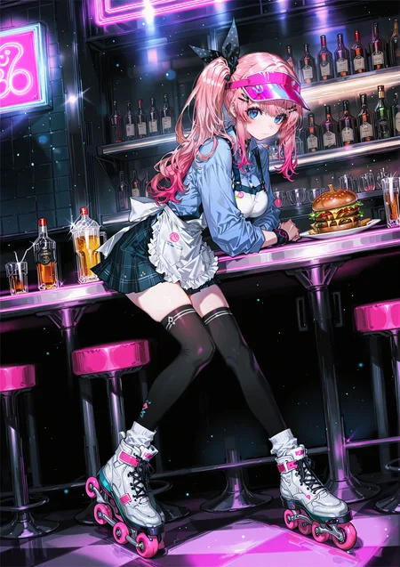 zPDXL3 Real score_9, score_8_up, score_7_up, score_6_up source_anime, highly detailed, sharp, intricate details, rating_safe rating_sensitive, rating_explicit, masterpiece, best quality, good quality, bright eyes light particles lens flare amazing quality, very aesthetic, very awa, absurdres, newest,
<lora:yoneyamaiXLNBVP1lokrV6311PZ:0.5>, <lora:NARUEforill:0.5>
<lora:nhl-001:0.4> nhl-001 film grain multicolored background <lora:ponyv4_noob1_2_adamW:0.4>
medium breasts, dynamic pose, dynamic angle,
optical illusion, ssambatea, quasarcake, Fishine, arutera, soresaki, reoen, sanbonzakura, askzy, negative space, see-through, made of, neon light, detailed background,
niji-meruto,large breasts,blue eyes,pink hair,gradient hair,side ponytail,single side ponytail,hairclip,hair ribbon,black ribbon,polka dots ribbon,
indoors, restaurant, alcohol, food, hamburger, headwear, visor cap, apron, skirt, thighhighs, roller skates, footwear, shoes, sneakers, socks
<lora:niji-meruto:0.7>