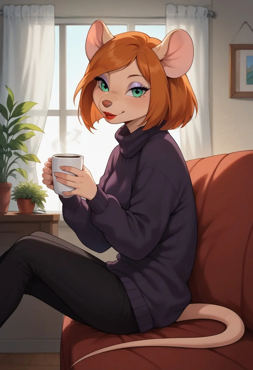 score_9, score_8_up, score_7_up, score_6_up, score_5_up, score_4_up, detaied background, indoors, appartments.
desiree d'allure, anthro, furry, mouse, mouse ears, mouse tail, red lips, light purple eyeshadow, brown hair, short bob cut, side-swept bangs,aqua eyes, Mouse girl, anthro mouse, mouse ears, mouse nose, mouse tail, one tail, feral mouse feet, feral mouse legs, Black sweater, Black warm pants, solo, smile, looking at viewer, (rich house living room:1,4), indoors, long orange hair
3/4 Side view, looking at viewer, sitting on sofa edge, cup of Coffee in hands
