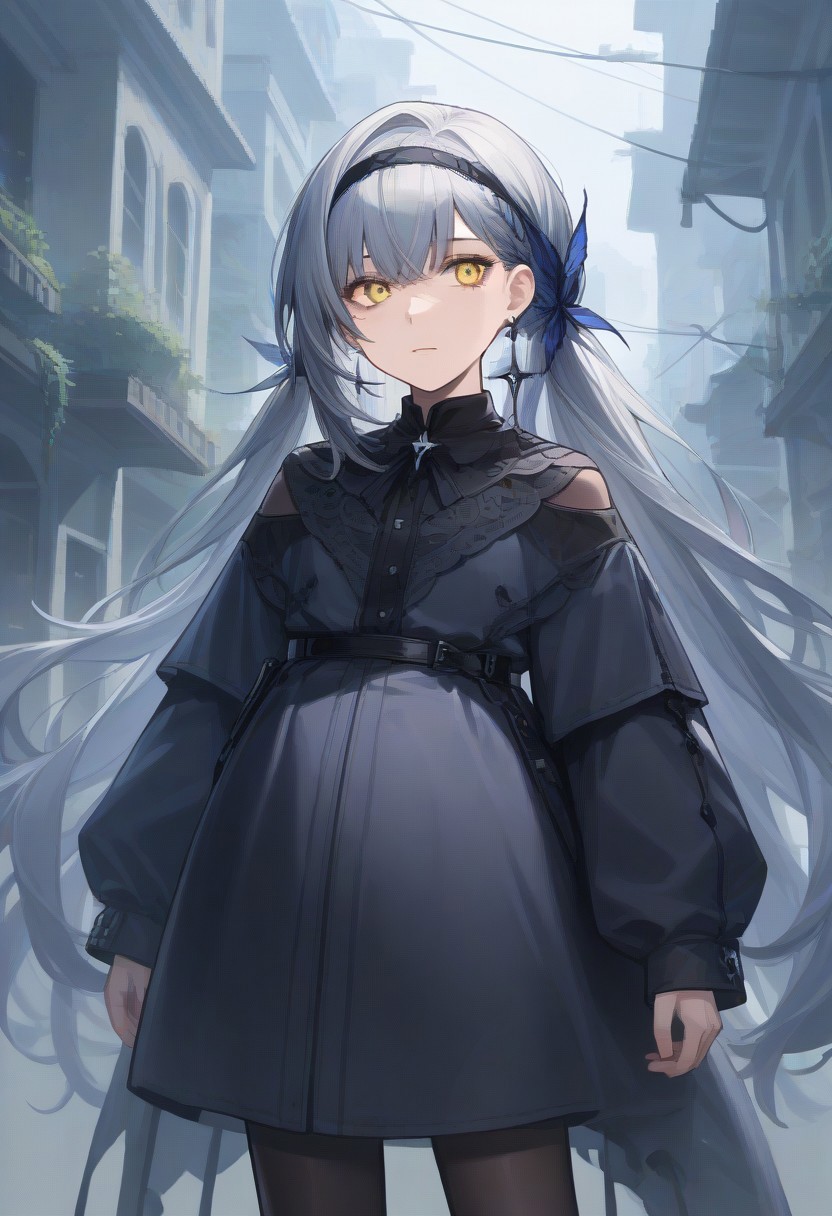 score_9, score_8_up, score_7_up, source_anime, BREAK, standing, cowboy shot, grey hair, yellow eyes, mole under eye, clothonc,