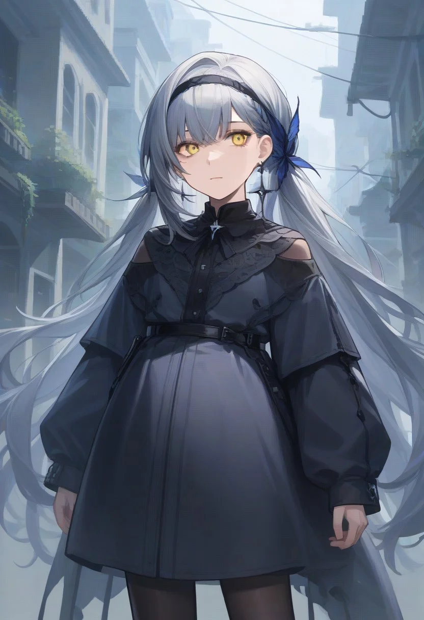 score_9, score_8_up, score_7_up, source_anime, BREAK, standing, cowboy shot, grey hair, yellow eyes, mole under eye, clothonc,
