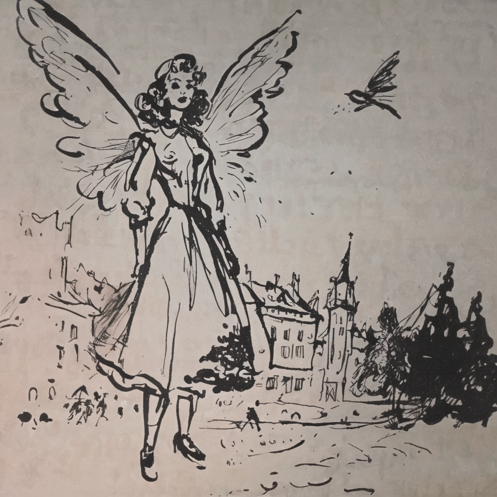 grabianski-sk surreal angel in fairy tale land, sketch<lora:grabianski-sk:1>