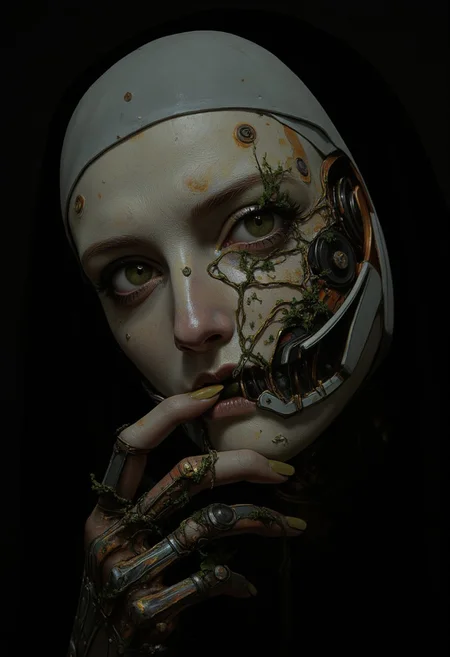 Close-up of an ancient, dust-covered robot cyborg head, its metal components worn and eroded with time. Tiny remnants of nature have integrated into its circuitry, with small, leaf-like fragments and delicate vines creeping over the rusted parts and intricate details. The scene is dystopian, captured in faded, gray tones that convey a sense of abandonment and decay. The eyes are adorned with striking, dark olive green eyeshadow and eyelashes that accentuate her deep, expressive gaze. Her white hair is tucked under a classic nun's habit. Soft, atmospheric lighting casts moody shadows, focusing closely on the cyborg’s weathered surface, highlighting the contrast between nature and machine in a hauntingly beautiful display. The close-up of a woman’s face reveals her expression as neutral yet intense as she slowly parts her lips, hinting at an eerie scene within. Her gaze remains unsettlingly still, adding an unsettling, ghostly quality to the scene. The setting is dark, with soft shadows enhancing her pale skin, emphasizing the mysterious and suspenseful atmosphere. Ambient sounds like faint whispers and the subtle rustle of movement deepen the quiet tension in the room.
