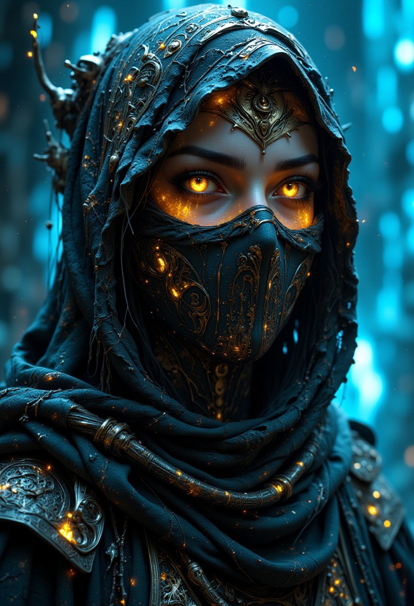 A photorealistic, digital-futuristic depiction of a cloaked female figure with glowing golden skin and eyes that merge shades of gold and green. Her face, partially veiled by tattered cloth detailed with hieroglyphic patterns, reveals age-old stories. The worn fabric is textured, capturing light through cobweb strands. The abstract, icy-blue polygonal background shifts between depths, creating a frozen void that feels both ancient and futuristic. The interplay of her warm, golden hues against the cold, blue tones of the environment amplifies the mystical atmosphere, blending themes of time and technology.