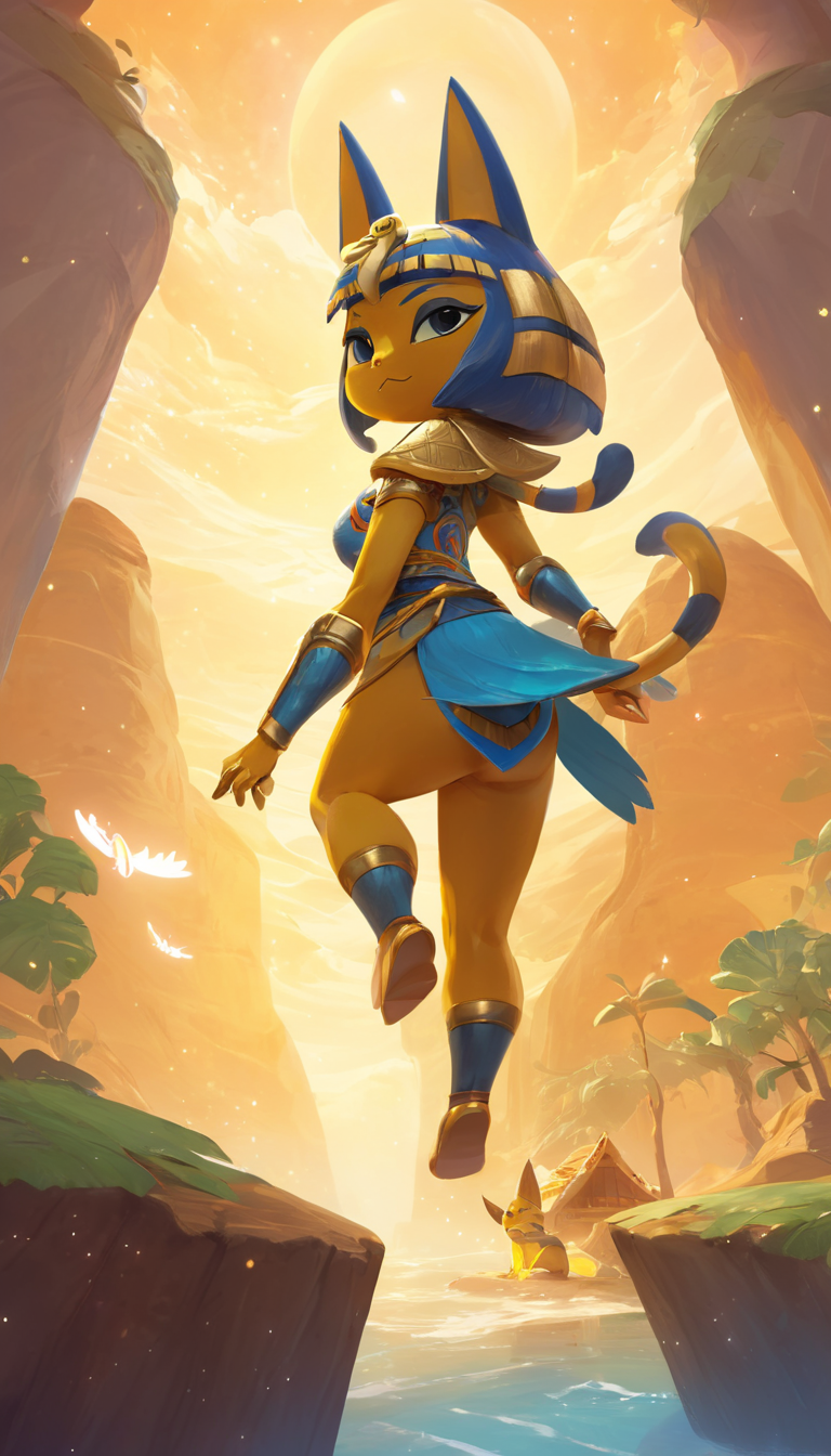ethereal fantasy concept art of  Cinematic scene, hero view, Ankha, Animal Crossing <lora:ankha_v0.0.1:1>, action pose, nature, detailed background, masterpiece, best quality, high quality, absurdres . magnificent, celestial, ethereal, painterly, epic, majestic, magical, fantasy art, cover art, dreamy