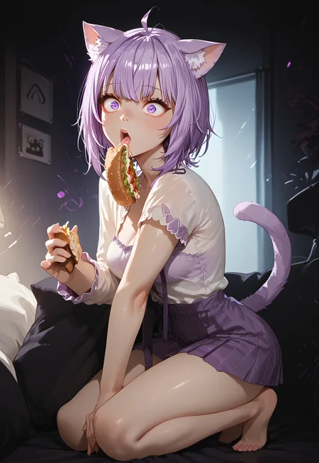 score_9, score_8_up, score_7_up, c3l3st3n01r, CelesteNoir, source_anime, zPDXL3, 1girl, solo, ((wide open mouth, wide eyes:1.3), eating a sandwich,hololive), okayuBase, short hair, purple eyes, purple hair, cat ears, cat tail, ahoge, barefoot, soft lights, soft shadows, shiny skin, Expressiveh