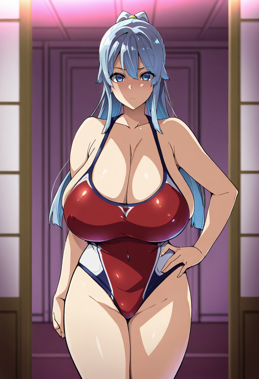 masterpiece, best quality,  <lora:Takeda_Hiromitsu:1> uncensored, T4k3d4H1r0m1ts0, 1girl, swimsuit, breasts, blue eyes, solo, ponytail, long hair, huge breasts, hand on hip, blue hair, cleavage, looking at viewer, standing, indoors, sidelocks, bangs, cowboy shot, thighs, sky