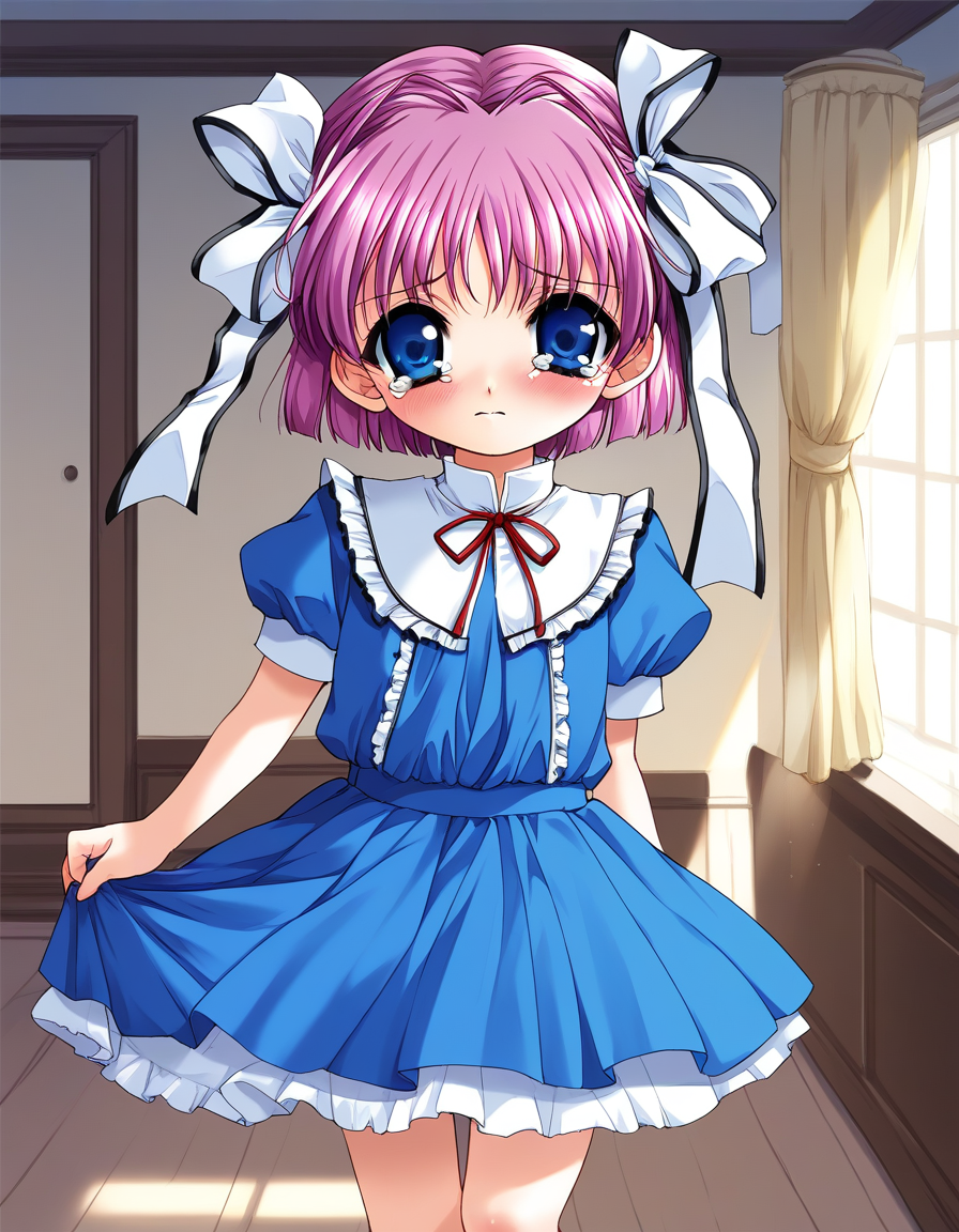 score_9, score_8_up, score_7_up, source_anime, rating_explicit, BREAK  <lora:Kago_Noa_Ver2.0_XL:0.8> KagoNoa, pink hair, purple hair, blue eyes, hair ribbon, white ribbon, short hair,  short stack,
blue dress, long skirt, frill, 
room, flooring, curtain,
blush, tears, 
looking at viewer, 
cowboy_Shot,