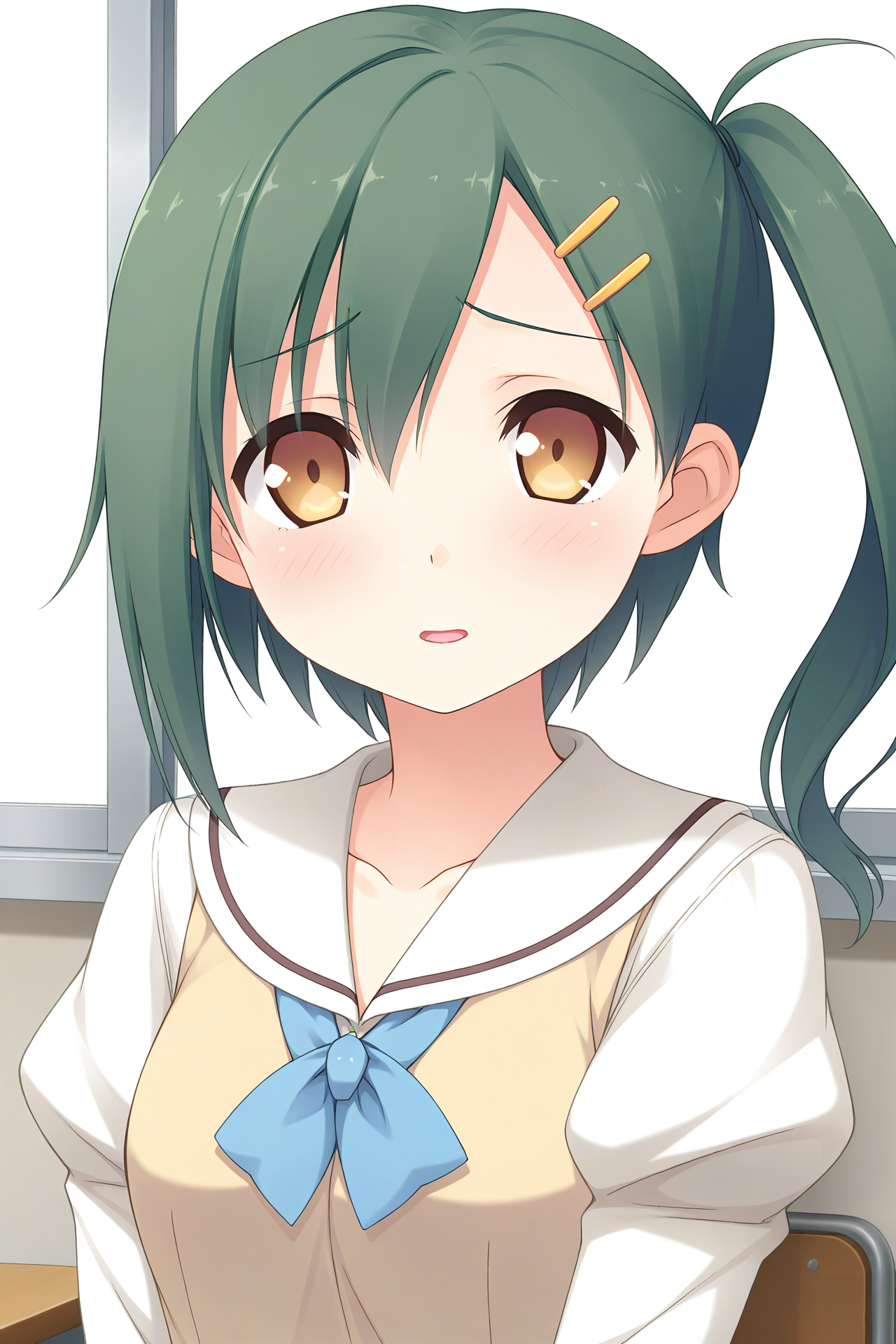 masterpiece, best quality, absurdres, official art, official style, rating general BREAK <lora:enomotokaho_IL_v1-1:0.7>, enomoto kaho, 1girl, solo, yellow eyes, brown eyes, green hair, short hair, hairclip, hair between eyes, side ponytail, small breasts, school uniform, serafuku, white sailor collar, blue bowtie, collarbone, white shirt, yellow sweater vest, juliet sleeves, buttons, upper body, portrait, close-up, classroom,
blush, looking at viewer, open mouth, parted lips, raised eyebrows, shame