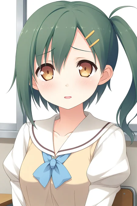 masterpiece, best quality, absurdres, official art, official style, rating general BREAK <lora:enomotokaho_IL_v1-1:0.7>, enomoto kaho, 1girl, solo, yellow eyes, brown eyes, green hair, short hair, hairclip, hair between eyes, side ponytail, small breasts, school uniform, serafuku, white sailor collar, blue bowtie, collarbone, white shirt, yellow sweater vest, juliet sleeves, buttons, upper body, portrait, close-up, classroom,
blush, looking at viewer, open mouth, parted lips, raised eyebrows, shame
