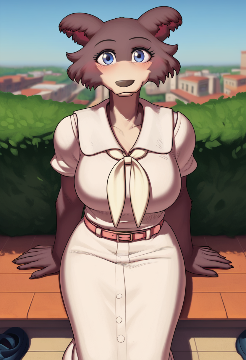 zPDXL, score_9,score_8_up,score_7_up,_up, best quality, amazing quality, masterpiece, 1girl, looking at viewer, solo, upper body, close, cute smile, cute, blush, juno, <lora:Juno-03:0.8> , wolf girl, animal ears, animal nose, brown fur, blue eyes, tail, white school uniform, neckerchief, white socks, black shoes, belt, blue sky,city, park, skyline, contour_deepening,depth of field, huge filesize,wallpaper background,(flat color),large breasts, sitting, meesh, <lora:Meesh:1>