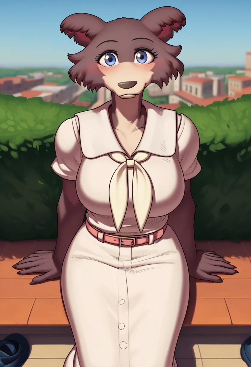 zPDXL, score_9,score_8_up,score_7_up,_up, best quality, amazing quality, masterpiece, 1girl, looking at viewer, solo, upper body, close, cute smile, cute, blush, juno, <lora:Juno-03:0.8> , wolf girl, animal ears, animal nose, brown fur, blue eyes, tail, white school uniform, neckerchief, white socks, black shoes, belt, blue sky,city, park, skyline, contour_deepening,depth of field, huge filesize,wallpaper background,(flat color),large breasts, sitting, meesh, <lora:Meesh:1>