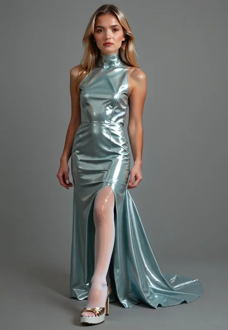 safe_pos, safe_pos, score_9, score_8_up, score_7_up, score_6_up, score_5_up, score_4_up, 1girl, full body view of leu_hanna_1, grey evening dress, covered neck, blonde hair, brown eyes, long hair, medium breast, turquoise formal dress, shiny latex dress, white stockings, wearingsilver footwear, high heel mules, olz_highheelmule2