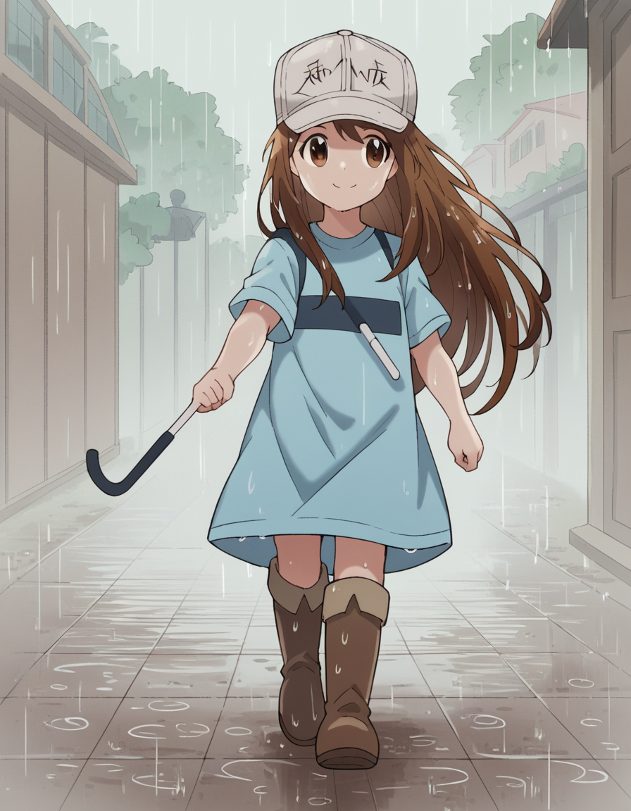 score_9, score_8_up, score_7_up, source_anime, <lora:platelet-s1-ponyxl-lora-nochekaiser:1>, platelet, long hair, brown hair, brown eyes,, shirt, hat, short sleeves, boots, white headwear, blue shirt, flat cap,, rainy day, umbrella, walking home, puddles, wet hair, smile, , hand palm facing down, solo,, cowboy shot, dutch angle