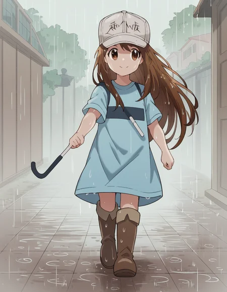 score_9, score_8_up, score_7_up, source_anime, <lora:platelet-s1-ponyxl-lora-nochekaiser:1>, platelet, long hair, brown hair, brown eyes,, shirt, hat, short sleeves, boots, white headwear, blue shirt, flat cap,, rainy day, umbrella, walking home, puddles, wet hair, smile, , hand palm facing down, solo,, cowboy shot, dutch angle