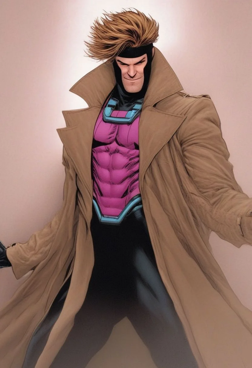Smallfaced , extremely Smallfaced, photo of a cinematic scene from an action movie, smallfaced closeup of 1male Gambit, Le Diablo Blanc, Remy Lebeau, smile, blonde hair, gloves, white background, holding, full body, weapon, fingerless gloves, coat, bodysuit, muscular, abs, staff, superhero, trench coat, poker cards, holding cards, <lora:EMS-59834-EMS:0.800000>
8k, dramatic lighting, great cinematography, cinematic color grading