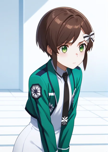 score_9, score_8_up, score_7_up, score_6_up, rating_explicit, source_anime, cinematic shadow, cinematic light, cute and sensitive, soft skin, characters focus, detailed eyes, detailed skins, <lora:StS_age_slider_v1_initial_release:-1>, <lora:StS_detail_slider_v1:3> , <lora:Saegusa_Kasumi:1> kasumi,bangs, brown hair,short hair with long locks, hair bow, green eyes,cowboy shot, 1girl,school uniform, sleeveless white dress, black necktie, green jacket, solo,v arms, leaning forward, shy, looking down,