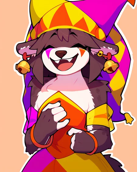 score_9_up, score_8_up, score_7_up, score_6_up, by remanedur, half-length portrait, heterochromia, furry female, eyes closed, female, furry, looking at viewer, solo, open mouth, laugh, jester, jester cap, fools hat, bell, striped, multicolored headwear, bracelet, jingle bell, earrings, bell ear ring, three-quarter view, head tilt, tail, bracelet, earrings, simple background, white outline, <lora:PDXL_artist_tags_v2_big:0.5> <lora:The-Minuscule-Task_PDXL_v1.0:0.6> <lora:Pitori_AutumnBloom11:1>