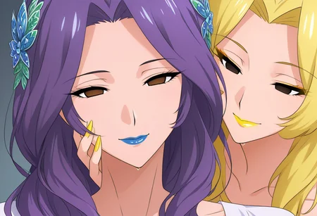 anime, empty eyes, hypnotized, two females, lipstick, red lipstick, yellow lipstick, green lipstick, blue lipstick, purple lipstick, black lipstick, glossy lips, wet lips, sexy smile, adult, casual dress, long hair, hair decoration, close up, hand on head