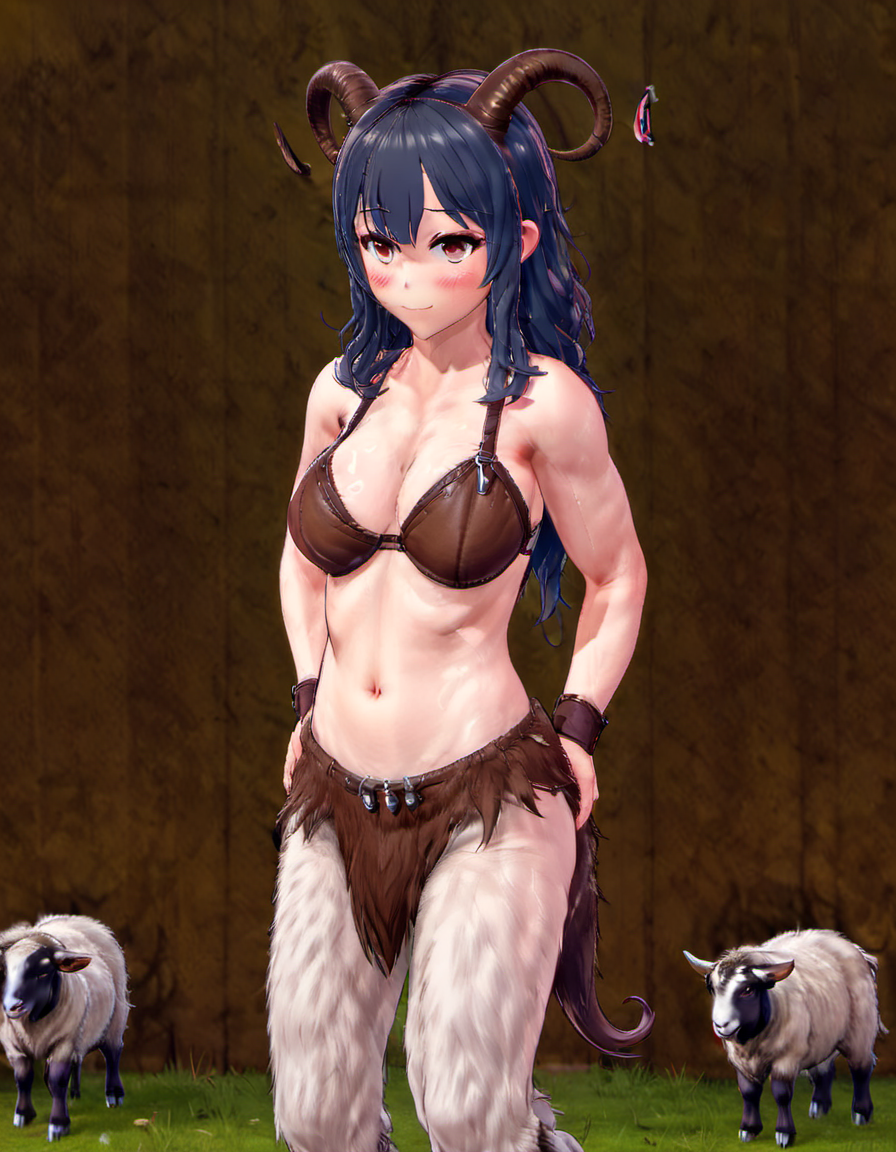 <lora:Futaba_Fukuyama:.8> Futaba,, 1girl, solo, standing, full body, leather bra,  <lora:RPGSatyrXL:.6>, animal ears, curled horns, earrings, fur, fur trim, goat horns, hooves, horns, long hair, looking at viewer, muscular, navel, pointy ears, satyr, sheep ears, tail, tattoo,