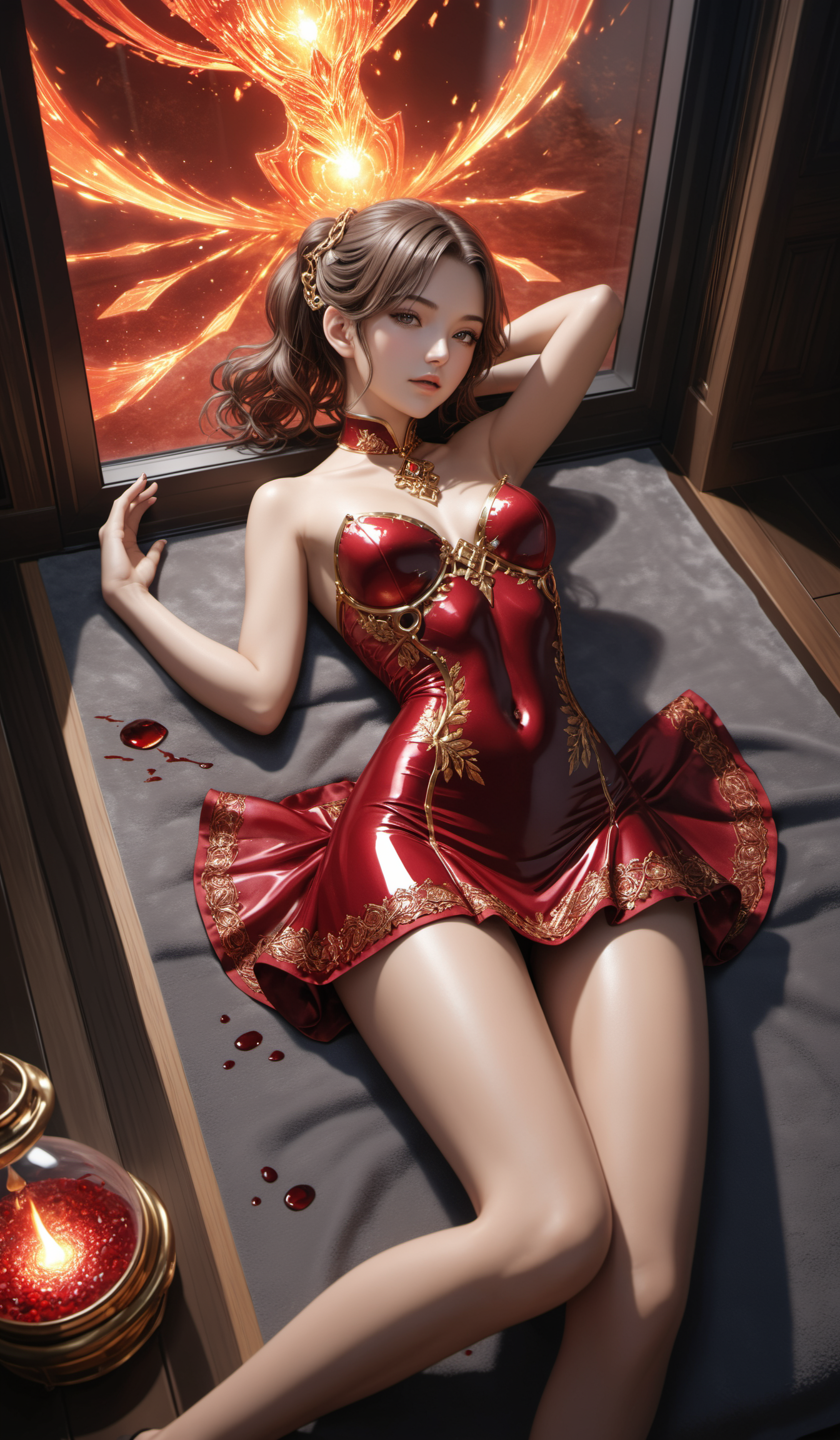(Best quality,masterpiece,absurdres,ultra realistic:1.4),(Rococo:1.4),(close portrait:1.3),peerlessly beautiful idolmaster ,beautiful detailed eyes,(see-through_clothing),shine,glowing,sparkling,energy coalescing and vibrating,(dynamic angle,dynamic pose),full_body,Lying down,shy ,sad,disdainful ,Around,sex,nsfw, topless, nude,
wearing china_dress,(((miniskirt))),
(wool),(torc, intense very slightly included (vs1) garnet (also a mineral), trillion cut, brilliant cut facets, 1.25 carat, flaming,    silky, brass, mohs scale, tenacity, treatment process, three-stone setting, estate, extraordinary, symbolic, baroque, personal growth),(city park, hallway),(atomic age war room),(infinite data archive,  bamboo,electrochromic smart glass windows, Chimineas, deck and step lights),
(Around floating blood:1.4)the most beautiful form of chaos,
(rectangle:1.4),(herbs:1.4),