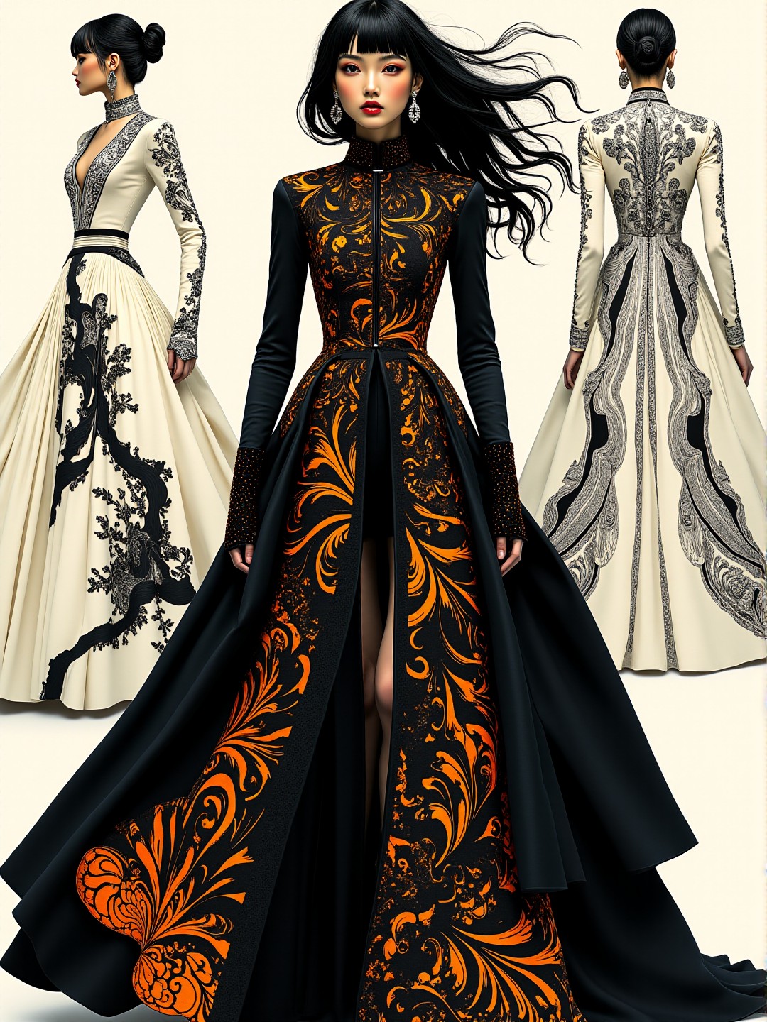 A minimalistic black-toned fashion shoot illustration depicting a Canadian dryad modelling a steampunk outfit that utilises toile and sateen material. The clothing tightly hugs the person and is decorated with intricate black and orange recursive designs. The overall feel of the image is dynamic and eldritch. Additionally, the backdrop shows comcept drawings of the clothing, rendered in fine flowing lines and appliqued silverleaf. The general effect is of timeless fine art elegance. <lora:midjourney_whisper_avant_couture_v01:1>
