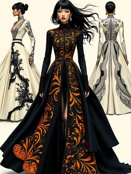 A minimalistic black-toned fashion shoot illustration depicting a Canadian dryad modelling a steampunk outfit that utilises toile and sateen material. The clothing tightly hugs the person and is decorated with intricate black and orange recursive designs. The overall feel of the image is dynamic and eldritch. Additionally, the backdrop shows comcept drawings of the clothing, rendered in fine flowing lines and appliqued silverleaf. The general effect is of timeless fine art elegance. <lora:midjourney_whisper_avant_couture_v01:1>