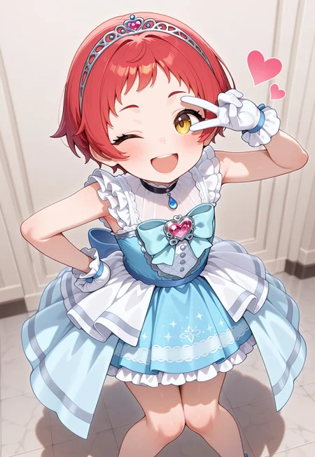 masterpiece,extremely detailed,best quality,amazing quality,newest,absurdres,highres, littlemycinderella, 1girl, adult, solo, red hair, very short hair, gloves,  white gloves, blue dress, bow, blue bow, bangs, :d, tiara, sleeveless, sleeveless dress, frills, light brown hair, heartbrooch, ;d, knees together feet apart,standing, v_over_eye ,One hand on hip and the other making a V_over_eye,, from above