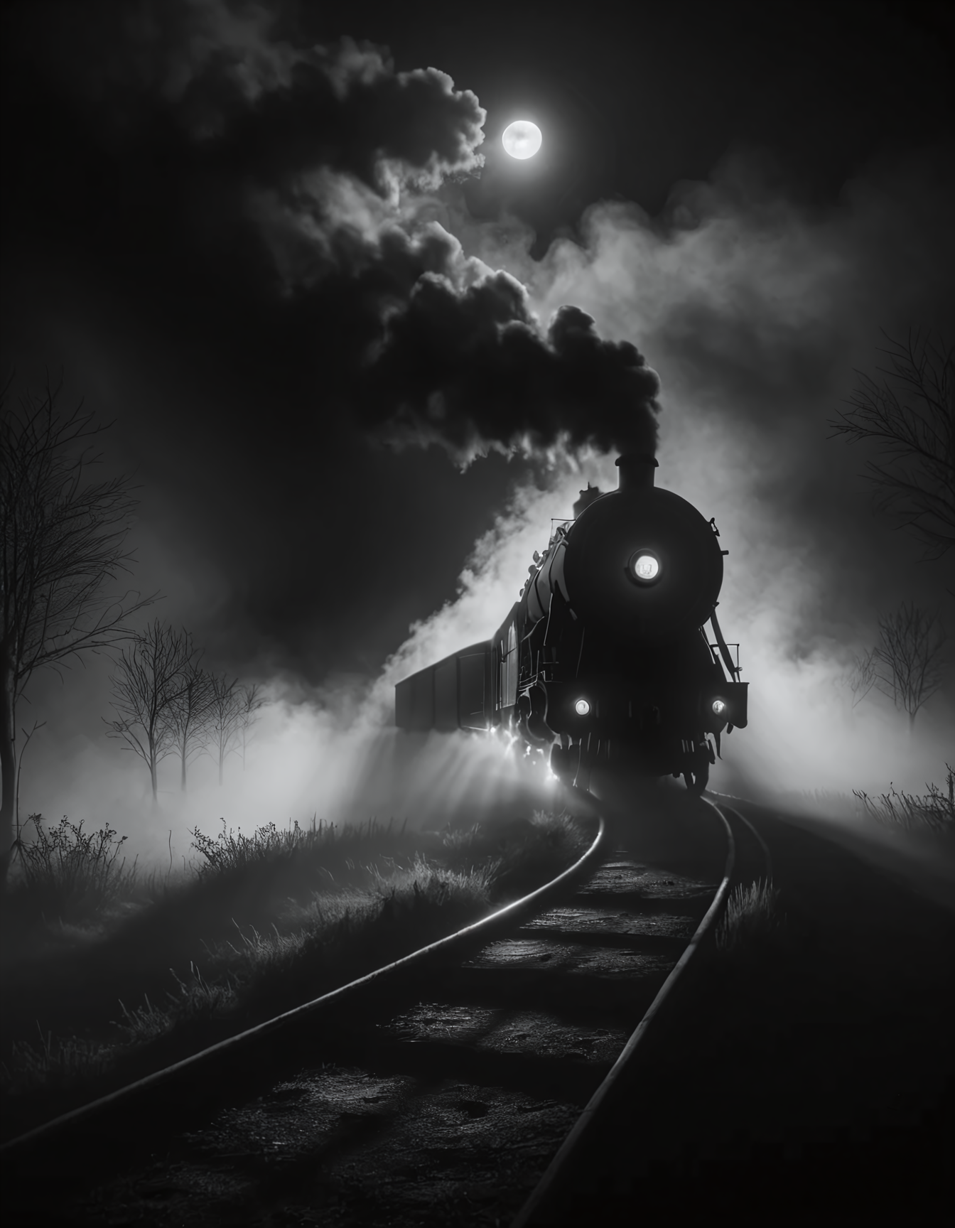 ral-ertmsphr black and white cinematic image shot of a steam train at night , 4k, uhd, masterpiece