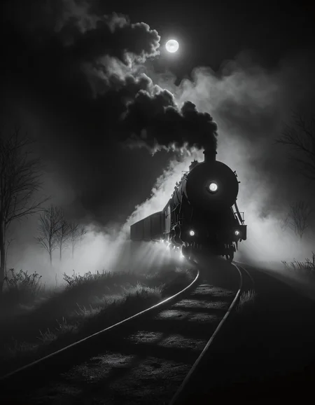 ral-ertmsphr black and white cinematic image shot of a steam train at night , 4k, uhd, masterpiece