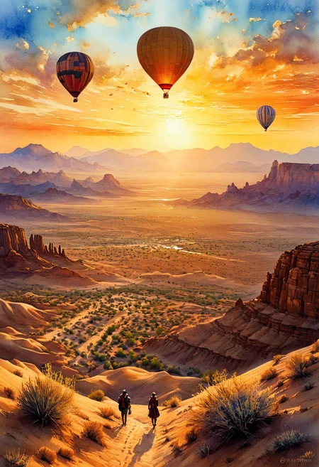 watercolor art, charles raymer, hot air balloon ride over the desert, dreamy landscape, sunset golden hour, high detailed, figurative art with a dreamy quality, use of impasto technique
midjourneyv6.1, Inkpunk